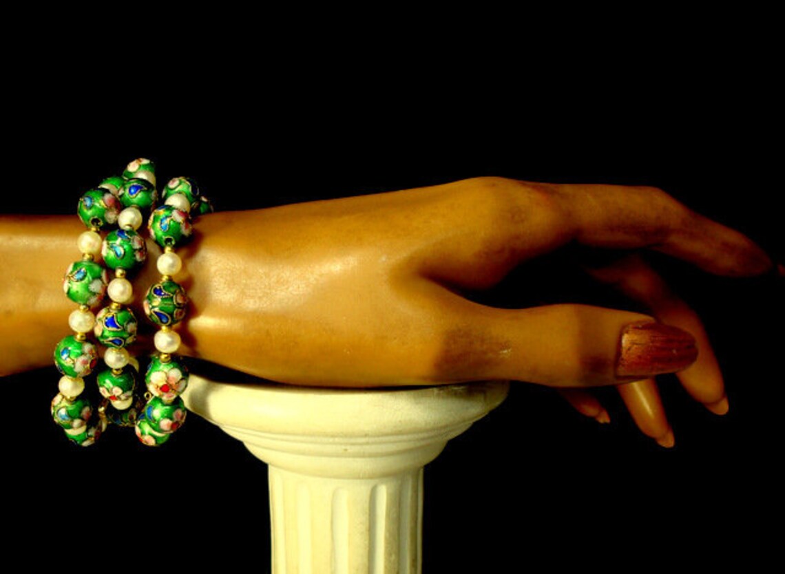 Green Cloisonne Bead Bracelet with White Pearls & Etsy
