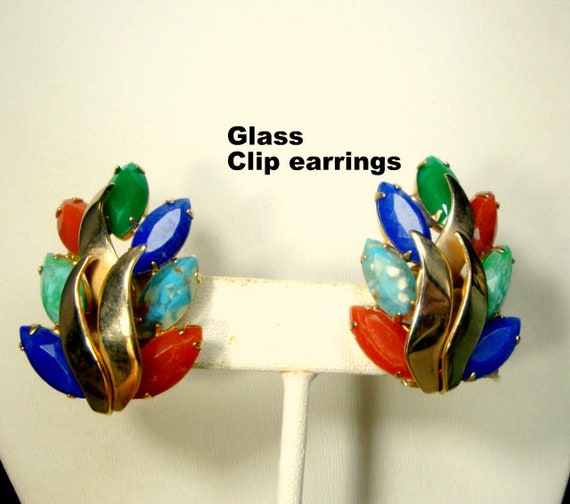 SALE, Color Flower Clip Earrings, 60s All Glass Ma