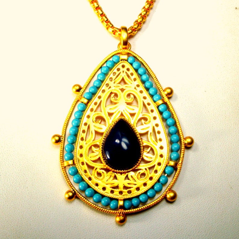 PJM Signed Faux Turquoise /& Lapis Lazuli Mid East Style Amulet SALE Exotic Gold Teardrop Pendant on Gold LONG Chain Necklace