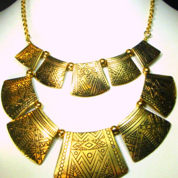 Gold Geometric 2 Tiered Egyptian Influenced Bib on Chain,  Adjustable , Chain Linked Recycled Components Necklace, OOAK R Starr