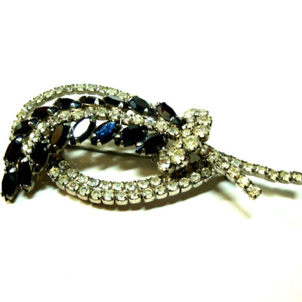 Rhinestone Jeweled Pin, Black & Clear Glam Glass Brooch, All Prong Set 1950s,  On Silvertone Setting, Feather Elegance