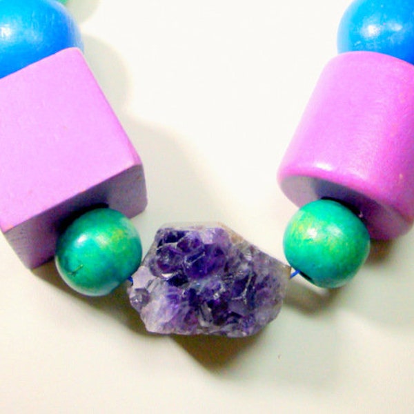 Minimalist Giant Wood Bead Colorful Necklace, Amethyst Geode Center, Turquoise, Lavender Purple, Green Colors, Drama Here, Tie Like a Choker