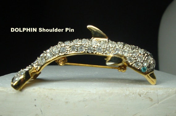 Large Dolphin SHOULDER Pin, Sparkling Blue Rhines… - image 1