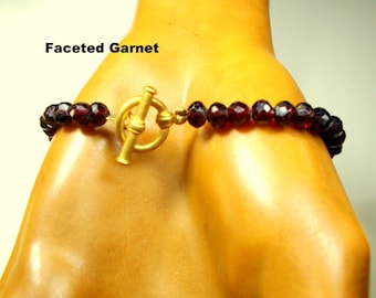 Real GARNET Bead Bracelet, Semi Precious Wine Red Faceted Stone Beads with Toggle Catch in Goldtone, OOAK by R Starr