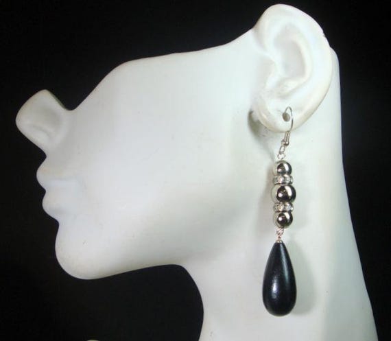 Long Black n Clear Rhinestone Drop Earrings, Brid… - image 9