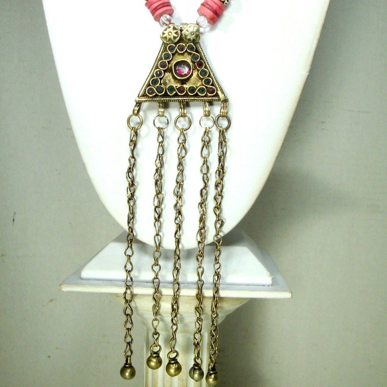 60s Kuchi Koochi Tribal Amulet OOAK Necklace by Rachelle Starr VERY Long Metal Fringes w Peach Ceramic Disc Beads /& Silver Metal Accents