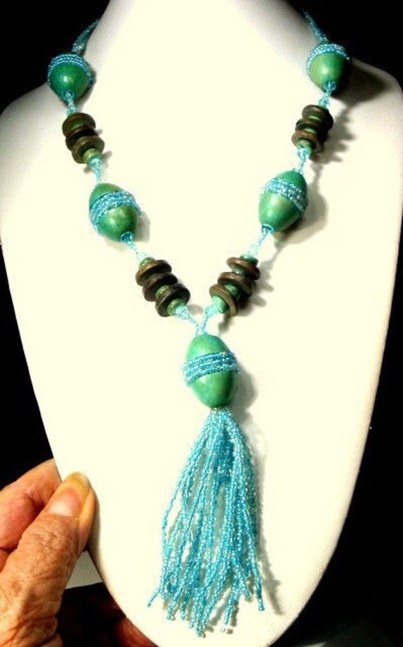 Turquoise & Brown  Bead Tassel Necklace, Coco Wood