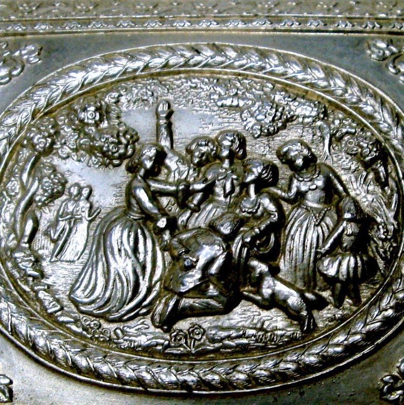 1950s Post War Metal Hinged Box Red Lining Ornate French Style Silver Dresser Box Rococco Style Renaissance Garden Party Jewelry Box