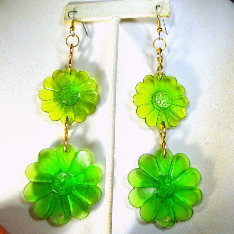 Mod Plastic Flower Dangle Earrings Long Chartreuse Lime Etsy