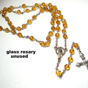Golden Yellow Glass ROSARY, Vintage Christian Roman Catholic Prayer Beads, Mary Medallion, Silvertone Crucifix