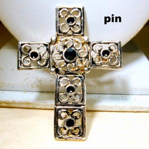 Christian Cross Pin, Silver w BLACK Rhinestones Medieval Cross Brooch, Filigree Religious Brooch, Sparkle Stones, Never Used