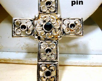 Silver Filigree Cross Pin: Black Rhinestone Medieval Brooch