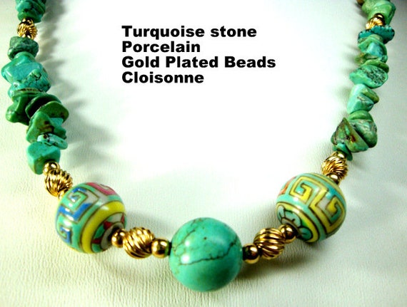Turquoise Stone Nugget Necklace w Cloisonne, Porc… - image 1