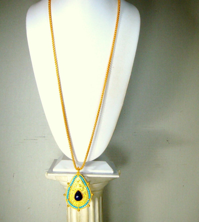 PJM Signed Faux Turquoise /& Lapis Lazuli Mid East Style Amulet SALE Exotic Gold Teardrop Pendant on Gold LONG Chain Necklace