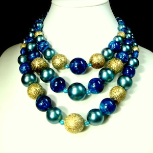 1960s Beaded Necklace: Blue, Gold, & Gray Resin Glass Beads
