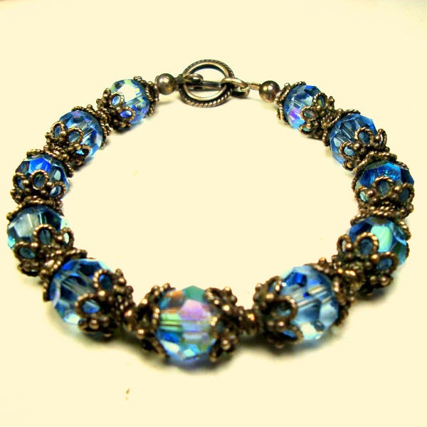 Faceted Blue Glass Bracelet, Beads with Fancy Silvertone Beadcaps, Toggle Catch, R Starr Creation
