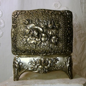 Vintage Rococo Roses Jewelry Box: Shabby Chic Metal Trinket Box, 1950s Japan