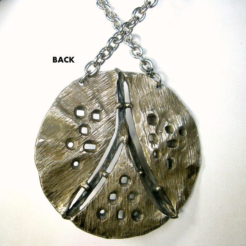 Modernist Silver Amulet on Shinier Silvertone Metal Chain Geometric but Tribal Necklace 1960s Mid Century Art Deco Brutalist Space Race
