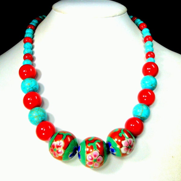 Red Green Flowered Porcelain Beads w Turquoise & Crimson Glass Bead Necklace, OOAK Rachelle Starr Blaxberg, Asian SW Fusion