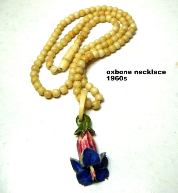 Fine Oxbone Bead Necklace & Painted Flower Pendant, Elegant Fine Oxbone Bead Necklace & Painted Flower Pendant, Elegant