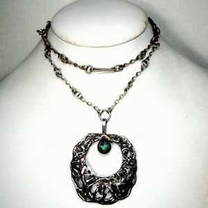 Brutalist Sterling Pendant on Chain, Vintage ARTSY Israeli Silver 925 and Eilat Stone Amulet, 1960s, Handmade Chain