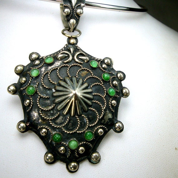 Pendant, Medieval Style Alpaca Silver Turquoise G… - image 3
