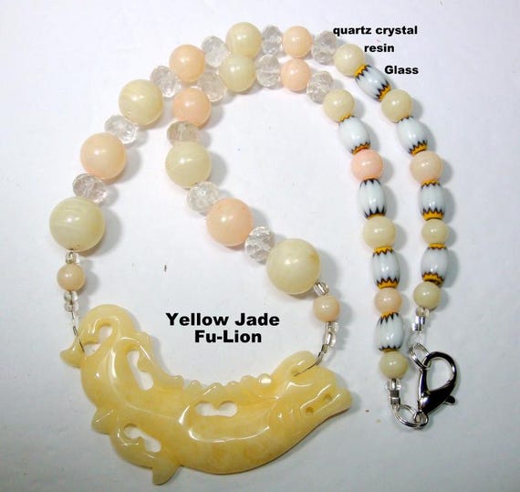 Yellow JADE Carved Fu-lion Pendant With Black N White Glass