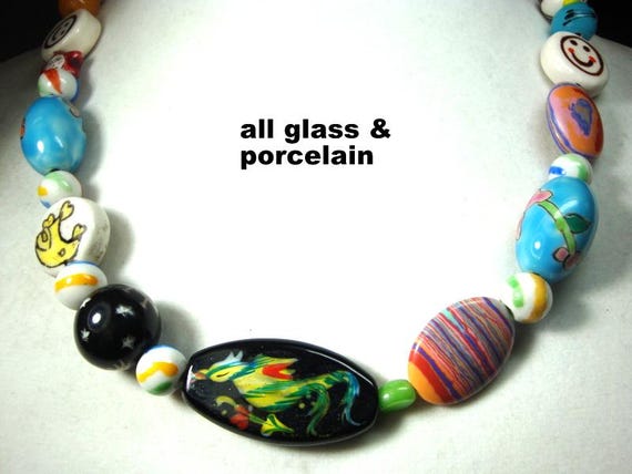 Handmade Porcelain & Glass Beads Necklace by Rachelle Starr, Hippie Boho Bead Soup, 22" Long View 3