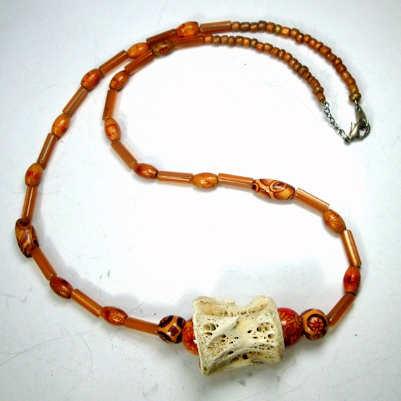 Earthy Ceramic Bead Necklace: 1980s Vertebrae Focal Bead
