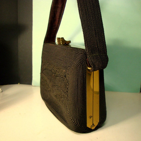 1940s Dark Chocolate Brown CORDE' Boxy Handbag wi… - image 4