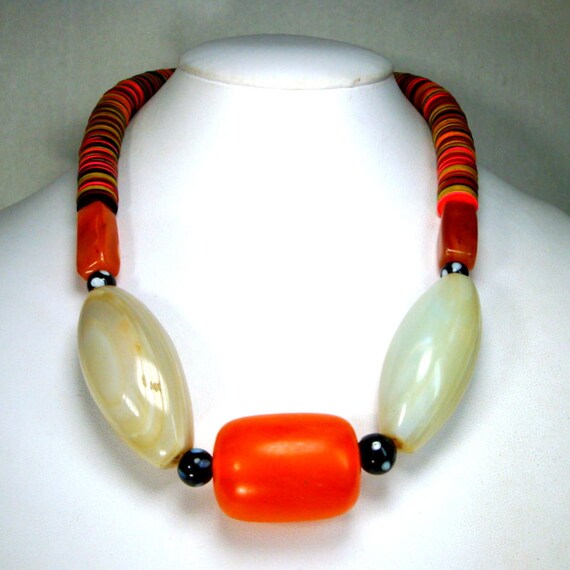 AFRICAN Trade Bead Necklace, Giant White Agates, Red… Gem