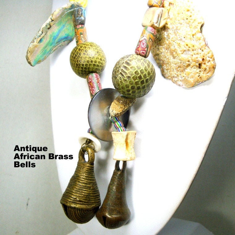 African Trade Bead Necklace: Millefiori, Brass Bells, Abalone