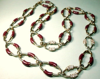 Ann Taylor Signed Handsome Chain Linked Enamel & Rhinestone Necklace , Maroon Enamel on Silvertone, Glass Sparkling Stone Links, Both Sides