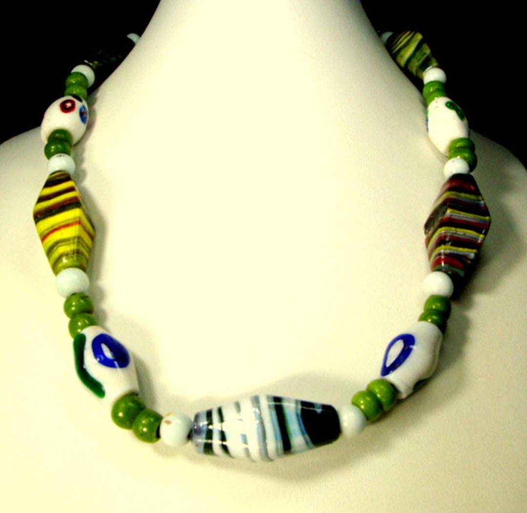 1960s Vintage Glass Bead Necklace: Lime, Green, Blue, & Brown - Etsy
