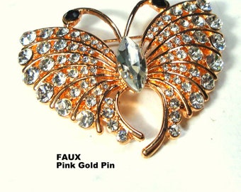 White Rhinestone Butterfly Pin, Glittery Glass  on Faux PINK GOLD  Metal Brooch, Valentine, Easter, Mothers Day, Birthday