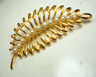 Gold Leaf Brooch with Faux Pearls, Signed Pin, but Illegible to Me, 1970s , Unused & Gift Worthy