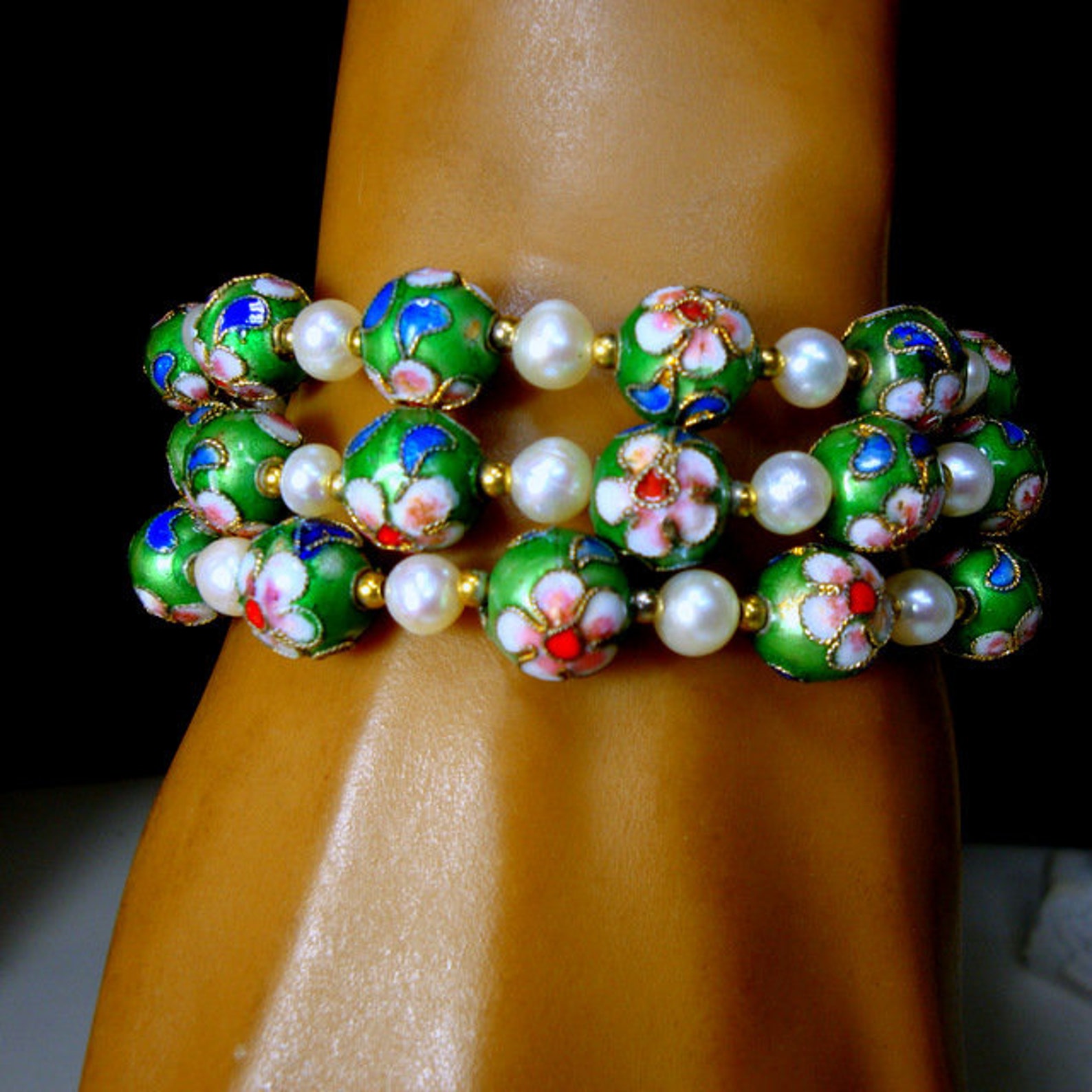 Green Cloisonne Bead Bracelet with White Pearls & Etsy