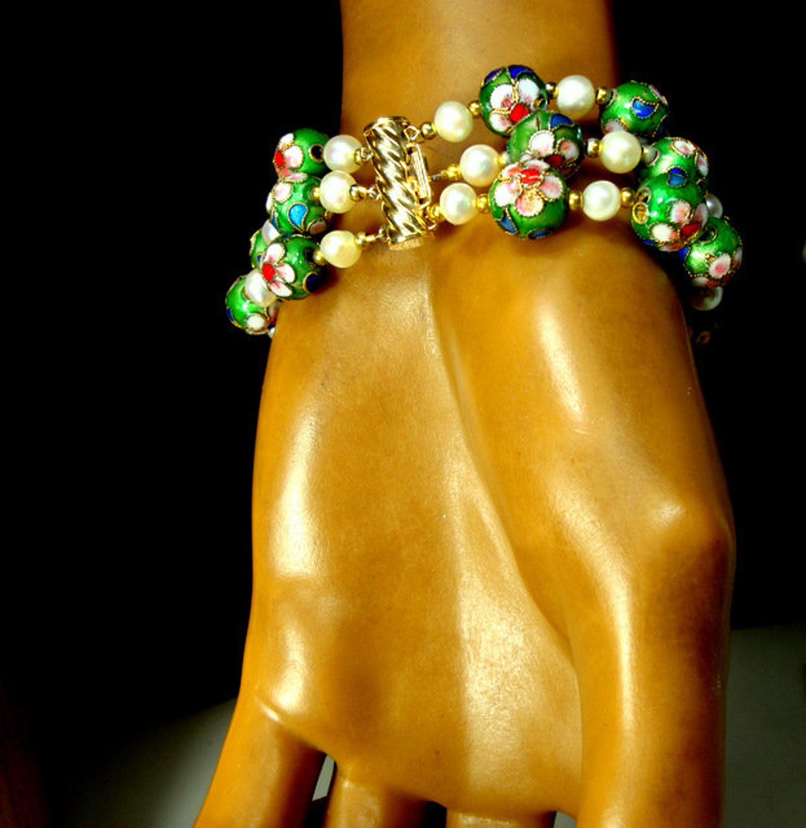 Green Cloisonne Bead Bracelet with White Pearls & Etsy