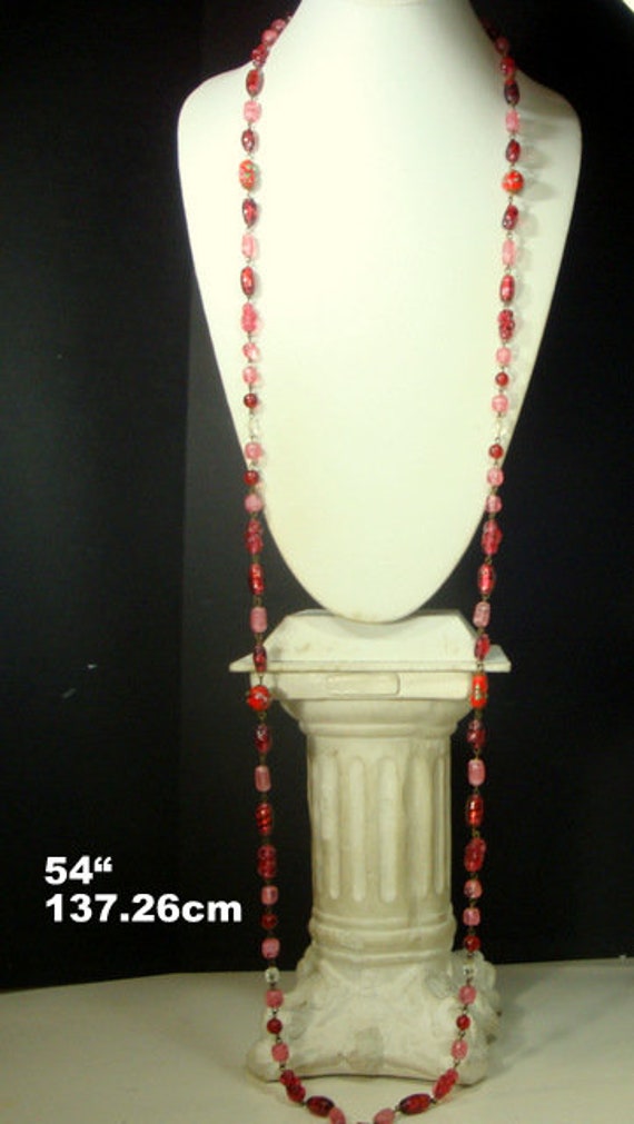 LONG Red & Pink ART Glass Bead Linked 54" Necklac… - image 3