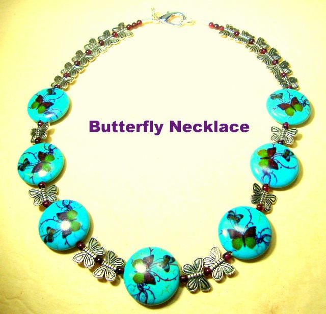 Colorful Painted Turquoise Porcelain Butterfly Beads, w Garnet Spacers, Silver Butterfly Bead Necklace,  OOAK by Rachelle Starr