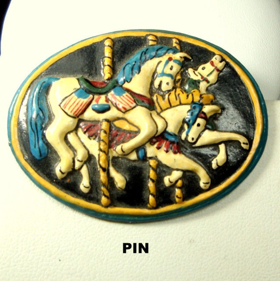 Carousel Horse Pin, 1960s , Hand Painted Oval Res… - image 9