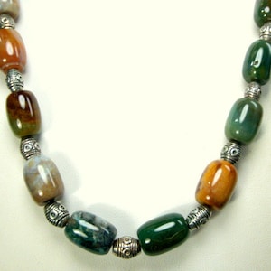 Fancy Jasper Stone Bead Necklace w Tribal Silver Metal Spacers, Greens, Mauves, Assorted Earthy Color Stones, The Bounty Of Mother Earth