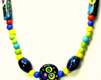 Tribal Millefiore All Glass Necklace, 1960s Colorful LARGE Beads Except Center Bead is Modern, OOAK By Rachelle Starr, Bold Crayon Colors