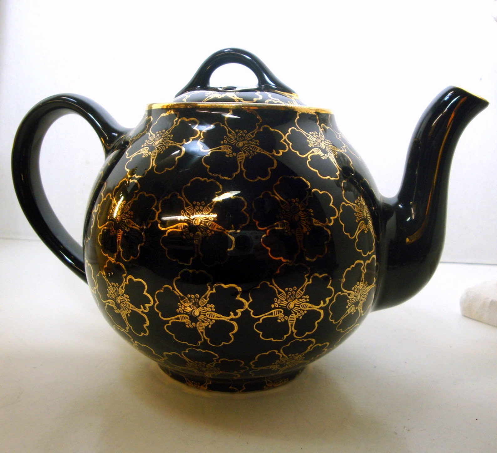 Vintage HALL Black Teapot Gold Flower Blossoms Style 050 6 Etsy