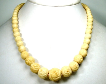Antique Carved Bone Flower Bead Necklace: 1960s Cream Oxbone