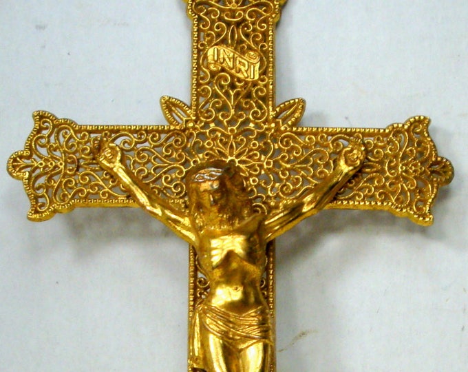 Filigree Gold Wall Crucifix, Large Christian Religious Metal Cross