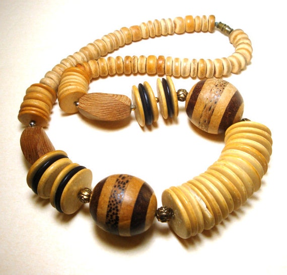 Big Striped Wood Round Bead Focals On Tan All Woo… - image 7