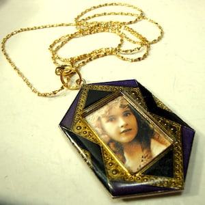 Art Deco Photo Pendant: Purple Black Enamel, Goldtone Chain