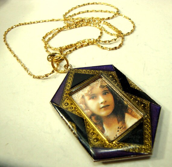 Art Deco Photo Pendant: Purple Black Enamel, Goldtone Chain