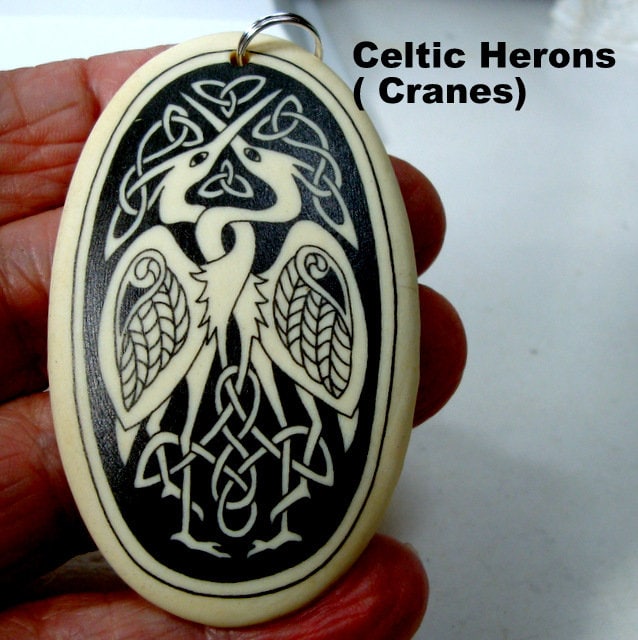 Celtic Heron Pendant Only, Porcelain Black n Tan, Art Deco Irish